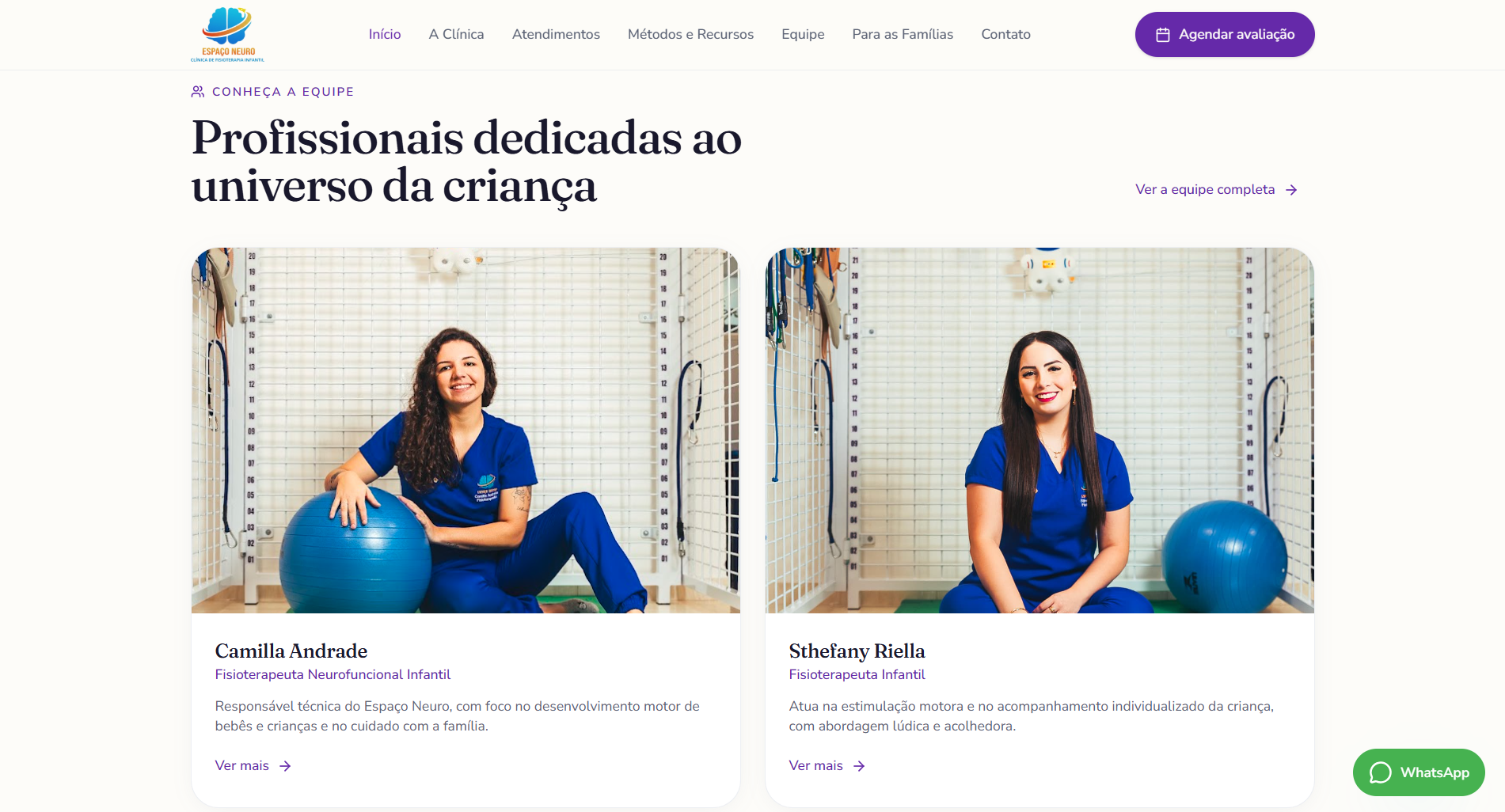 Seção de equipe do site Espaço Neuro