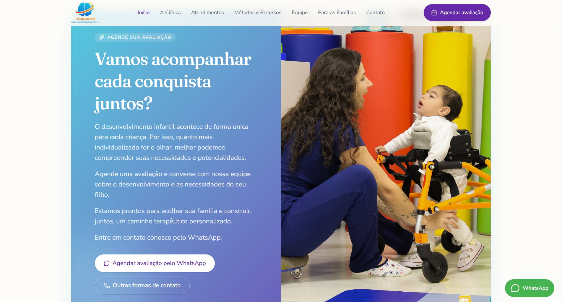 Seção de agendamento de avaliação do site Espaço Neuro